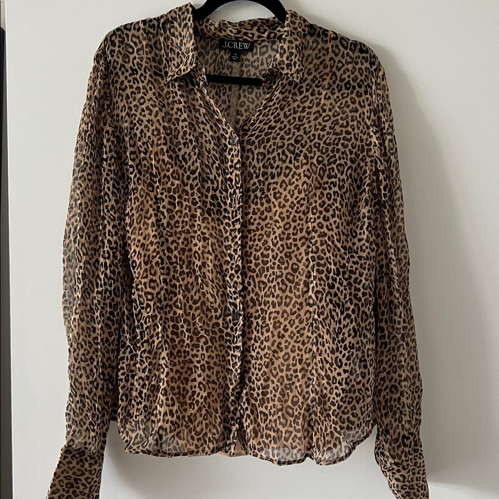 J. Crew Brown Leopard Print Sheer Button Down Shirt Size 14 - Picture 8 of 9